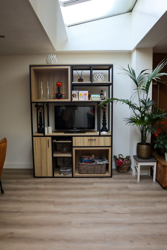 Moderne woonkamer met open kast en planten